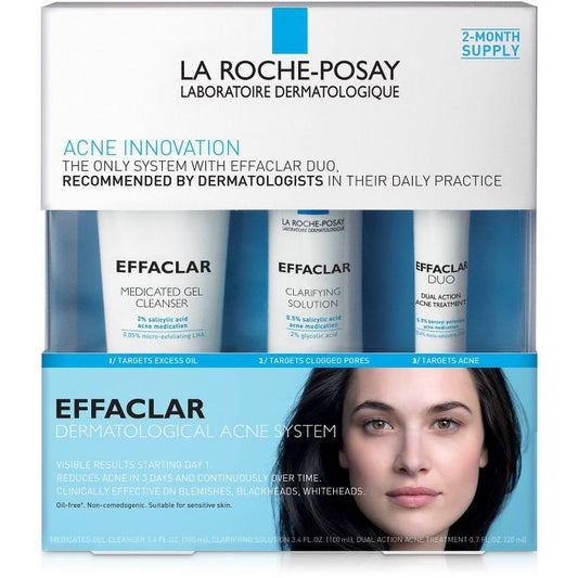 La Roche Posay Effaclar Dermatological - Acne Treatment 3-Step System Kit with Medicated Gel Cleanser, Clarifying Solution and Effaclar Duo